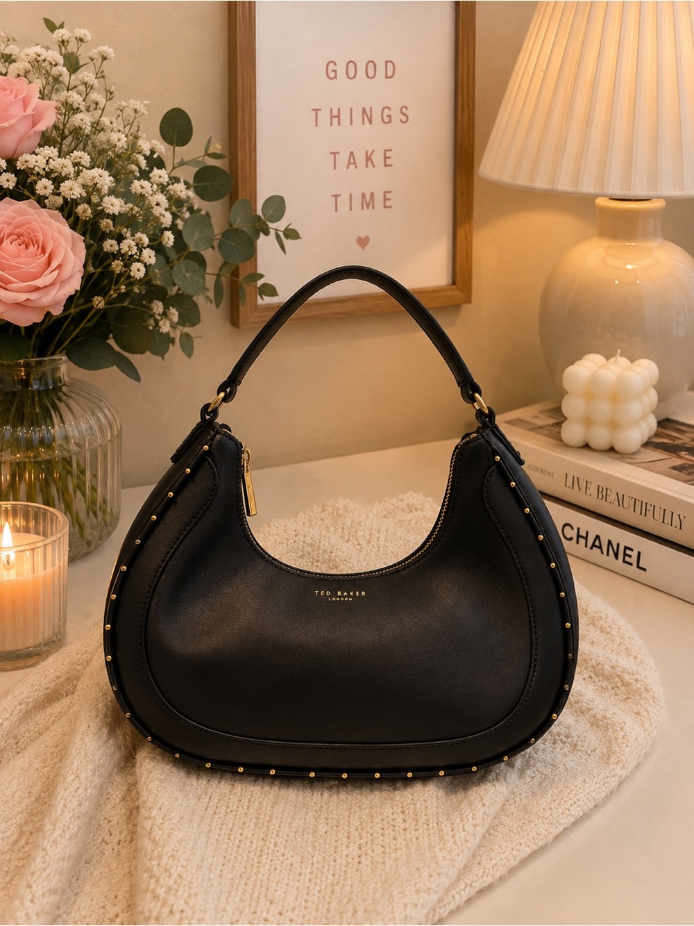 Ted Baker Kaelyin Mini Studded Baguette Bag in black,